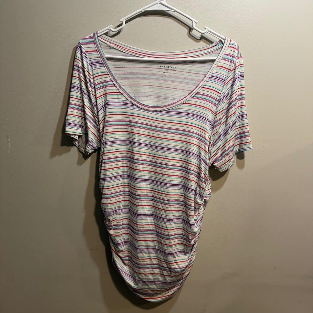 Lane Bryant Multi Color Striped Ruched Side Tee Womens Size 10/12 Scoop Neck Top
